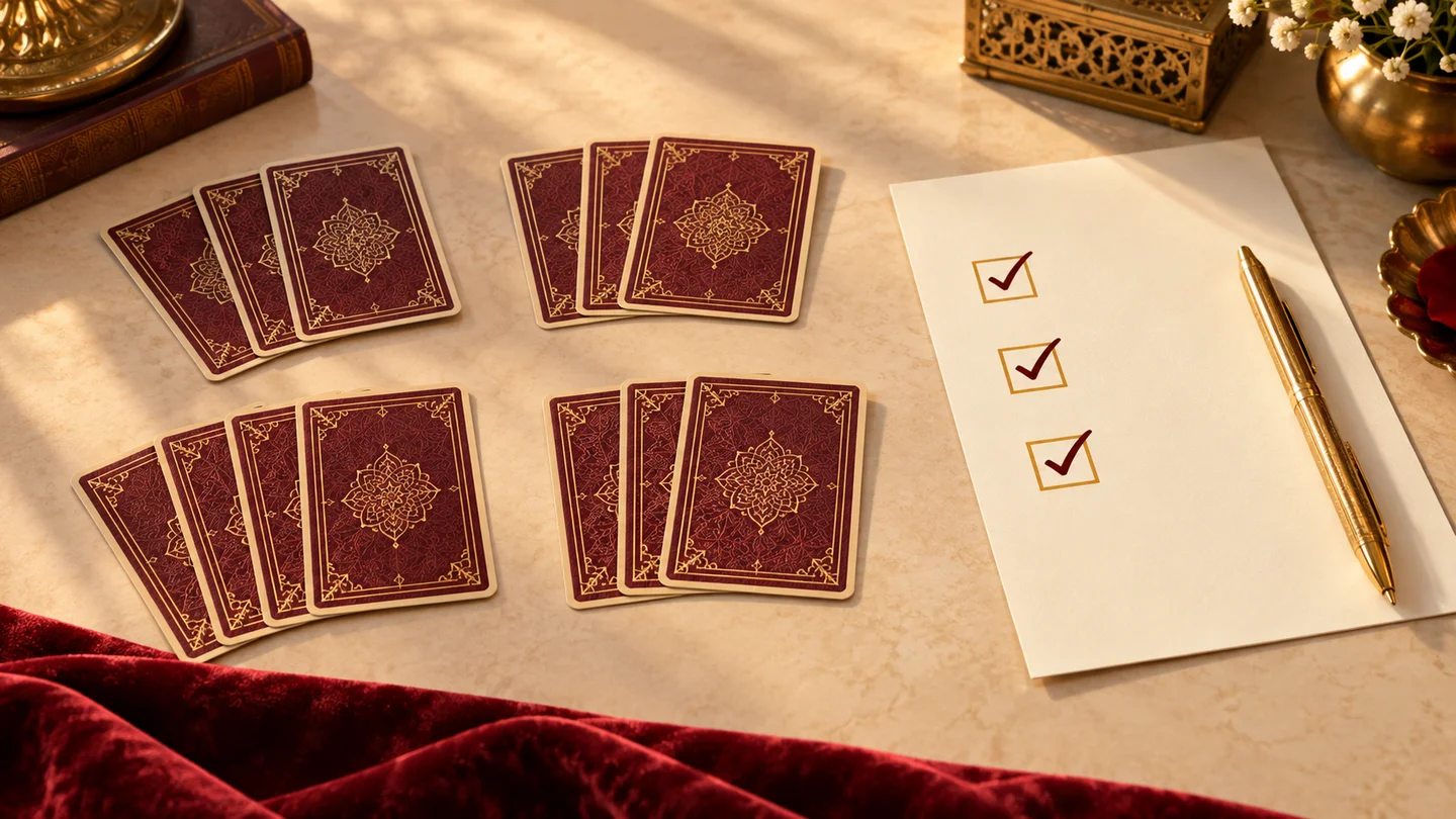 Organised burgundy-backed playing cards beside a three-item checklist and gold pen