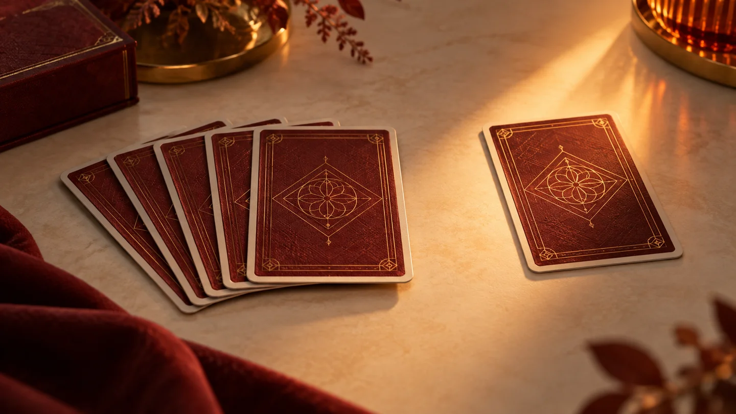 Illustration of burgundy-backed playing cards with one card separated for a discard decision