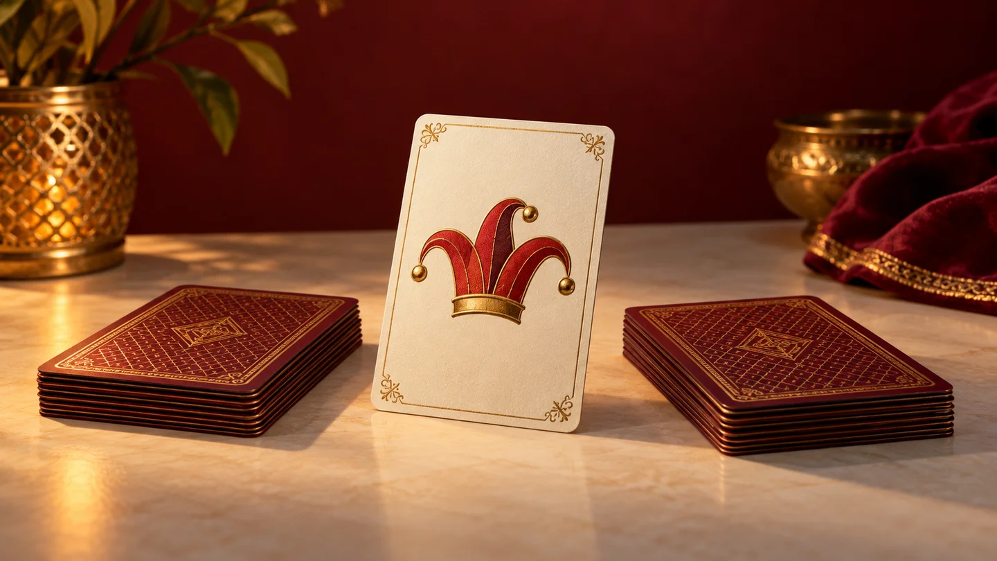 Conceptual joker card between two groups of burgundy-backed playing cards
