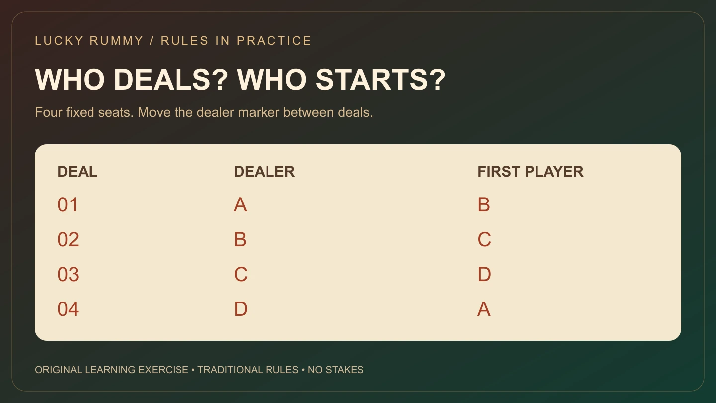 Four-row worksheet pairs dealers A B C D with first players B C D A.