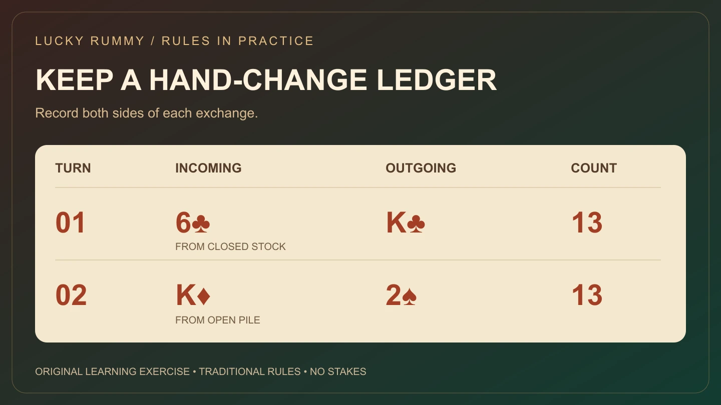 Two rummy hand ledger entries: draw six of clubs and discard king of clubs, then take king of diamonds and discard two of spades.