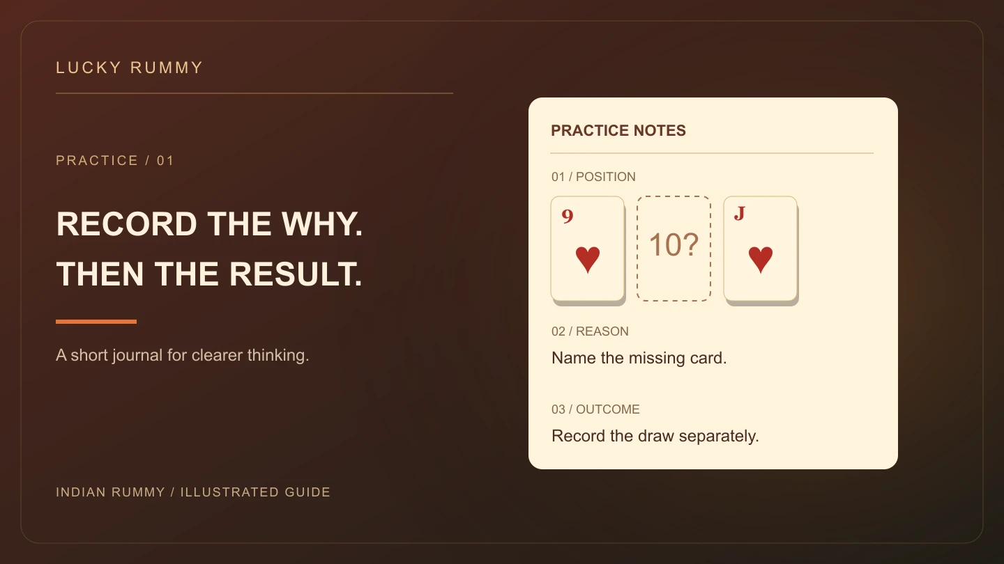 A rummy study worksheet separating position, reason and outcome beside a heart pair with a missing ten