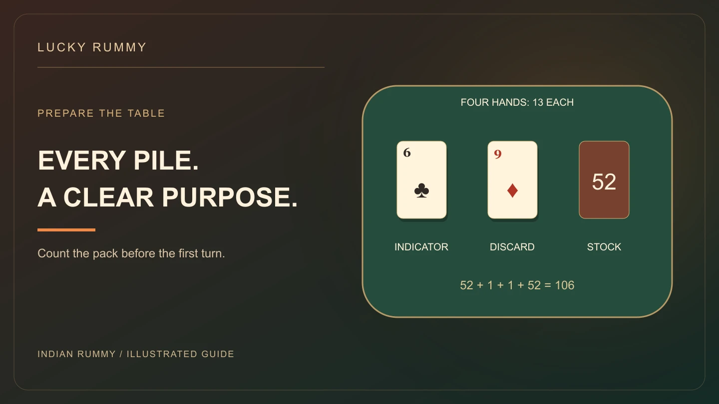 Illustrated practice table labelled for four 13-card hands, a six of clubs indicator, a nine of diamonds discard and a 52-card stock