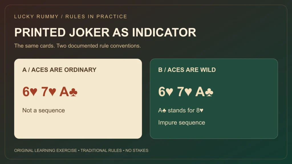 Two rule panels compare an ordinary ace with an ace substituting for the eight of hearts when a printed joker is the indicator.