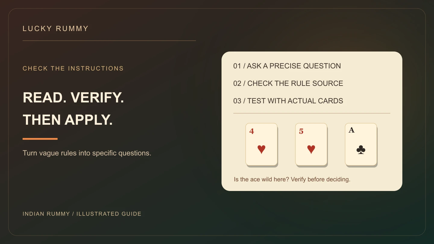 Illustrated rules worksheet connecting a question, source check and card test using four of hearts, five of hearts and ace of clubs